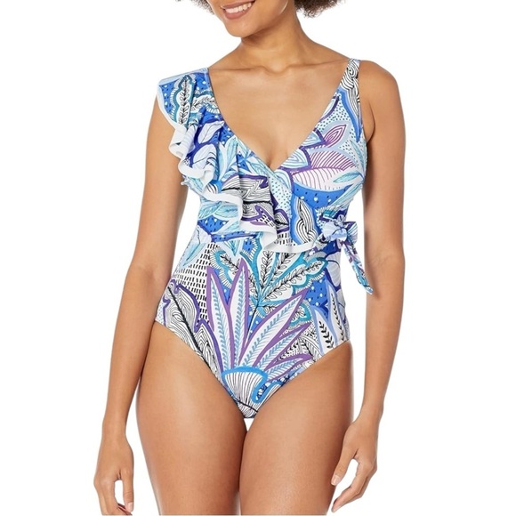 New! Profile By Gottex Tropic Boom V-Neck Surplice Ruffle One Piece Swimsuit - Picture 1 of 8